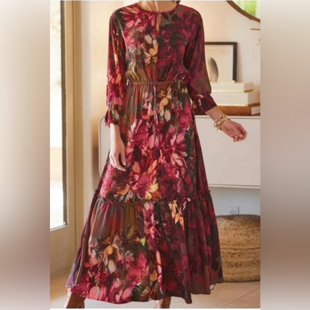 Soft Surroundings Burgundy Floral Long Sleeve Dress